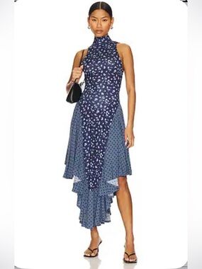 Free People Blue Mixed-Print Asymmetric High Low Backless Dress